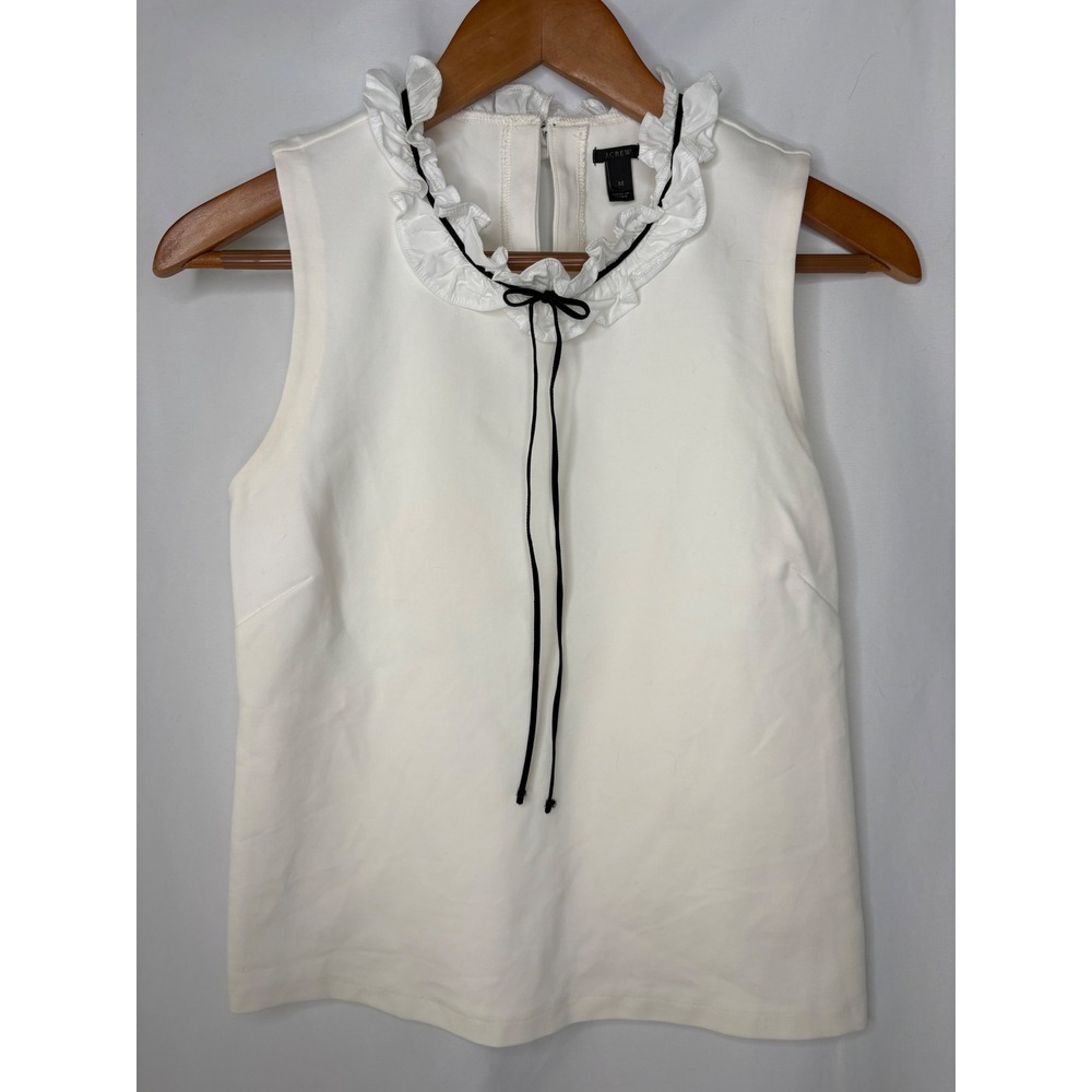 J.Crew Ivory White Ruffle Neck Sleeveless Top Black Ribbon Tie Size M Ponte